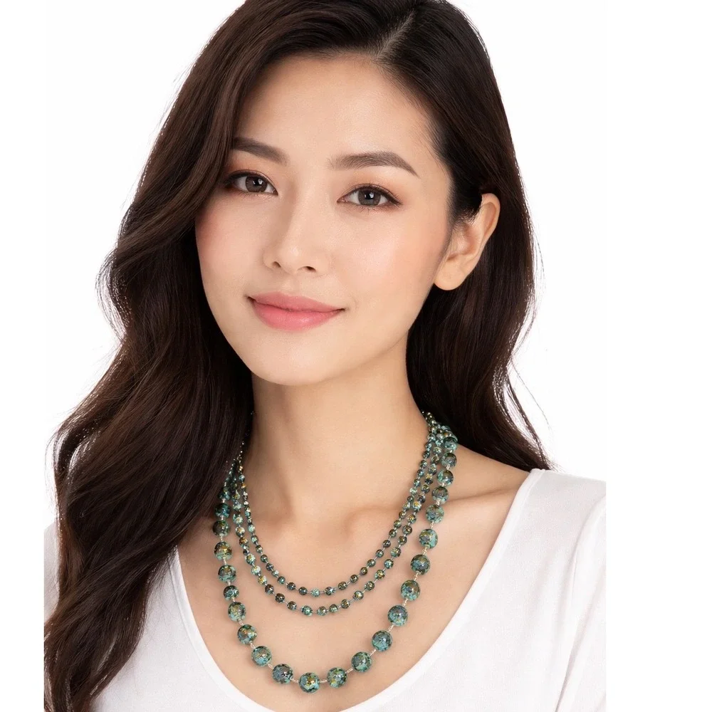 Teal Blue Gold Mottled Triple Strand Beaded Statement Necklace Graduated Layered